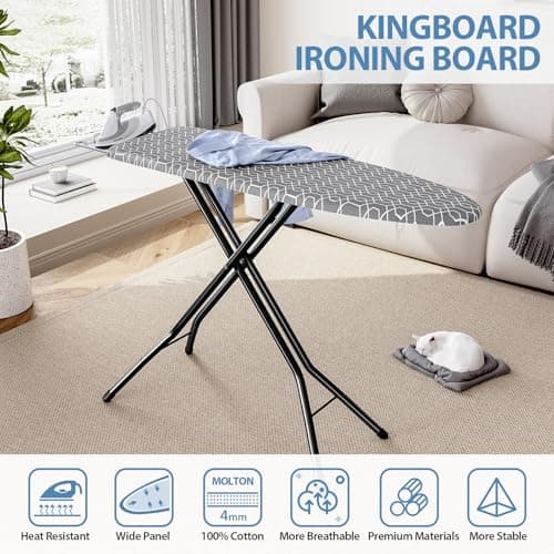 KINGBOARD Foldable Ironing Board Full Size, Iron and Ironing Board Set Standard Size, Iron Boards with Ironrest & Adjustable Height,Heavy Duty Iron Table Stand with Metal Legs &Thick Cover,43x13 Gray 6