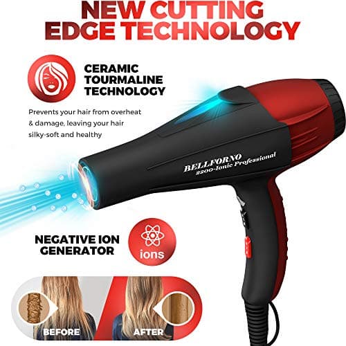 Professional Ionic Salon Hair Dryer, 2200 Watt Powerful AC Motor Ceramic Tourmaline Ion Blow Dryer, Quiet Hair Dryers with Diffuser & 2 Concentrator Nozzle Attachments Black/Red 5