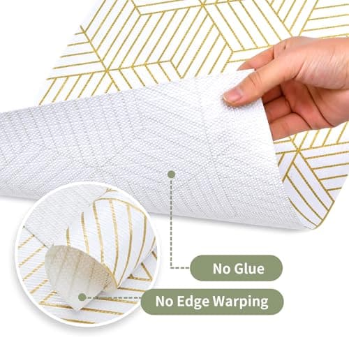 Shelf Liners for Kitchen Cabinets 12in x 20FT, Non Adhesive Cabinet Liner Strong Non-Slip Thickened Gold Geometric Drawer Liner, Easy to Clean for Shelf, Cabinet with Knife and Tape Measure 8