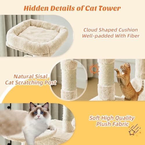 Sweetcrispy 44 Inch Cat Tree Tower, Cat Climbing Tower with Natural Sisal Scratching Posts, Hammock, Pet Condo for Indoor Cats and Kittens Play, Beige 5