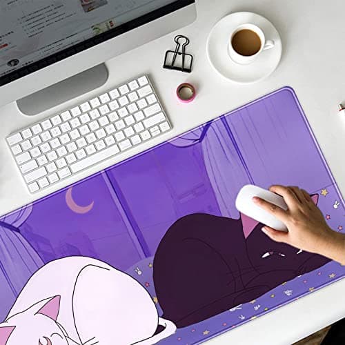 Anime Kawaii Desk Mat Cute Cat Large Mouse Pad XXL Lavender Purple Extended Mousepad Gaming Desktop Mat Laptop Keyboard Mouse Mat Desk Pad 31.5''X15.7'' Non-Slip Rubber Base with Stitched Edges 5