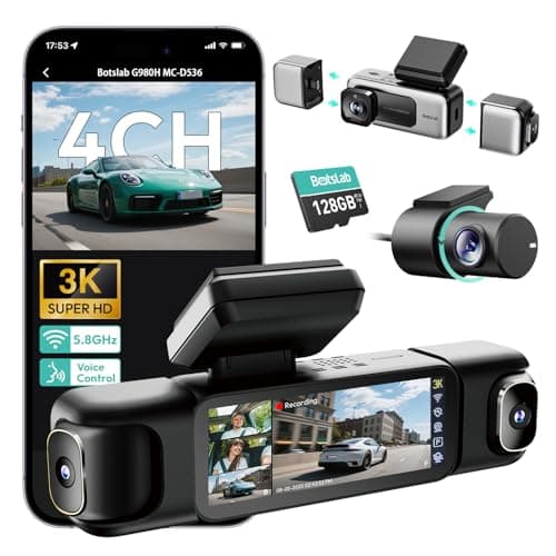 BOTSLAB 3K 4 Channel Dash Cam, 560° All-Sides View, Front and Rear Inside Car Camera with 3.18”Touch Screen, Dash Camera 24/7 Parking Mode, Built-in GPS 5.8GHz WiFi Voice Control, Free 128GB Card