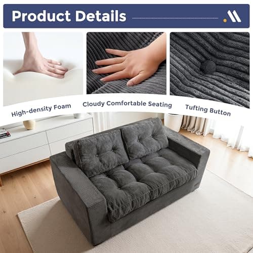 MAXYOYO Loveseat Sofa Couch, Upholstered Bean Bag Chair Cloud 2-Seat for Adults, Boneless Couch with Tufted Cushion & Pillows, Sofa in A Box, No Assembly Required, Dark Grey 5