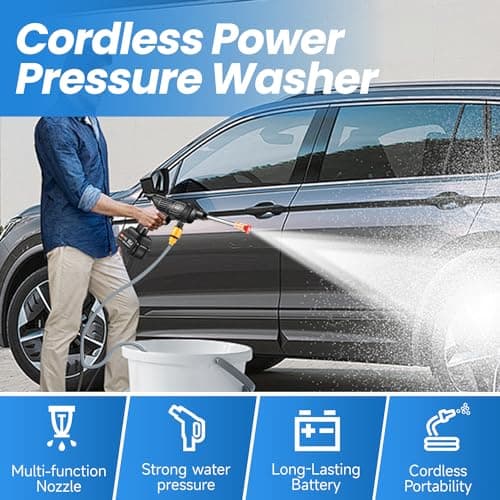 Cordless Pressure Washer 21V x2 batteries , Cordless Power Washer Battery Powered, Portable Pressure Washer w/ 6-in-1 Nozzle, Soap Container, Charger Included 5