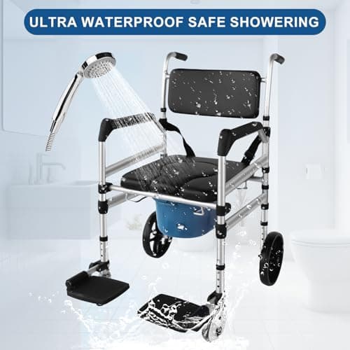 Rolling Shower Chair with Wheels for Elderly and Disabled, Foldable Wheelchair Lightweight Folding, Bedside Commode Chair with Arms for Toilet (Black) 5