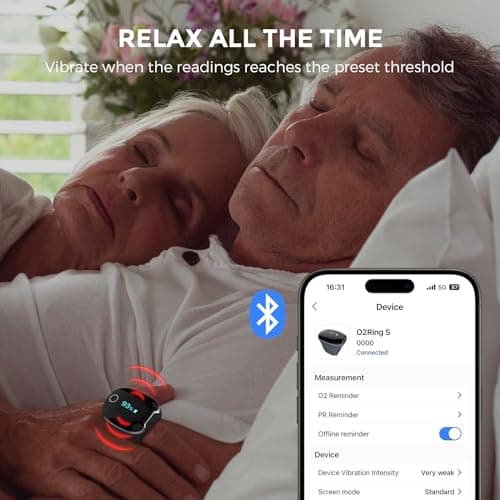 Wellue O2Ring-S Oxygen Monitor with Vibration Reminder, Bluetooth Pulse Oximeter Tracks SPO2 and Pulse Rate, 24 hrs Battery Life, 4*10 Hours Built-in Memory, Rechargeable Pulse Ox with Free PC & APP 5