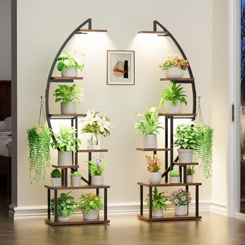 Plant Stand Indoor with Grow Lights: Large Plant Shelf for Multiple Plants, 2 Pack Plant Racks 7 Tiered, Lighted Corner Flower Stands Half Moon, Black Plant Holders Indoor Tall for Living Room Patio