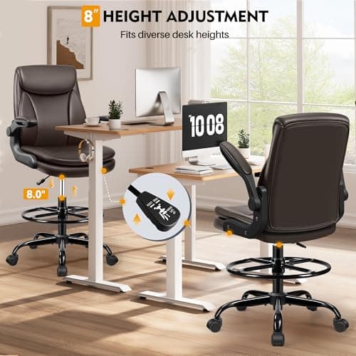 AtHope Drafting Chair Tall Office Chair Leather Executive Office Chair with Adjustable Foot Ring Flip Up Armrest - Comfy Ergonomic Desk Chairs with Lumbar Support for Office Home Studio - Brown 5