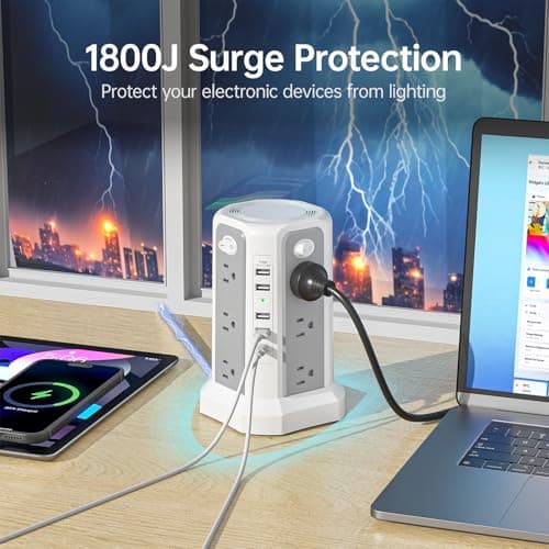 Surge Protector Power Strip Tower with PD18W USB C Port,10FT Extension Cord with 12 AC Mutiple Outlets 5 USB Charging Ports, PASSUS Power Tower Surge Protection for Home Office Dorm Room 5