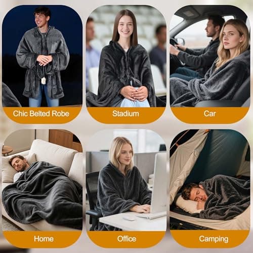 Safeeze Large Portable Heated Blanket 71" × 43", Includes 2 Portable 20000mAh 7.4V Power Banks, 11 Heating Zones, 3 Heat Settings, 1–6H Timer, Machine Washable, with Laundry Bag, Waist Belt & Backpack 8
