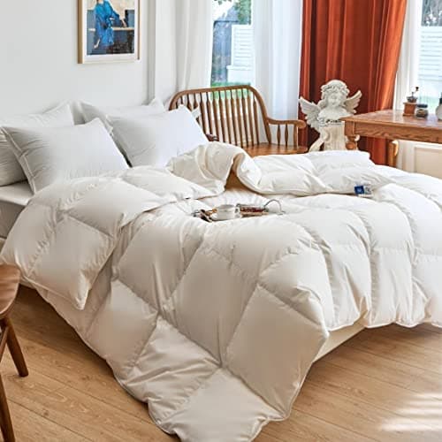 Royal Elite Feather Down Comforter Queen Size-Made in Canada-Oeko Tex 240TC Cotton Shell-Canadian Feather&Down Duvet Insert All Season-Hotel Down Duvet Insert-Cotton Duvet with Loops