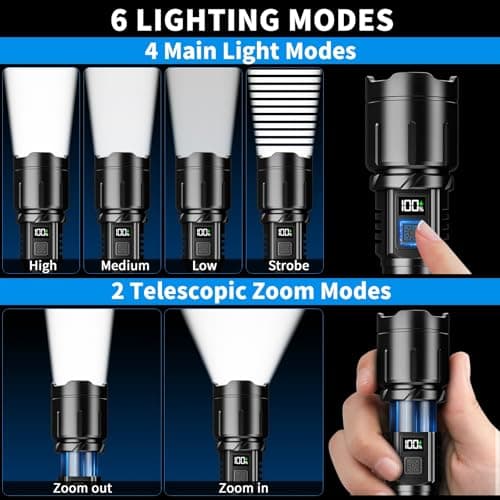 KNIBO Rechargeable Flashlight 99000 High Lumens, LED Super Bright Flash Light, Tactical Flashlights with LCD Power Display, 6 Modes, Waterproof, Brightest Flashlight for Emergencies Camping 9