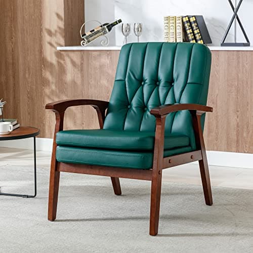 Living Room Chair, Single Armchair Sofa Accent Chair Mid-Century Modern Chair, Reading Armchair for Bedroom, Sunroom, Solid Wood Armrest Chair with Pillow Upholstered Lounge(Green), W-331