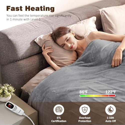 Yokimisu Electric Blanket King with Dual Control-100 x90 Soft Flannel Heating Blanket, 9 Heat Levels & 10 Hours Auto Off Heated Blanket, Fast Heating Electric Throw, Machine Washable- Grey 5