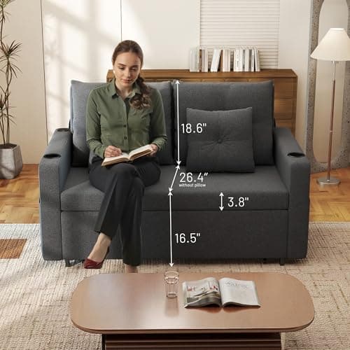 Krcix 3 in 1 Sofa Bed, 56 Inch Convertible Pull Out Couch, Loveseat Sleeper Sofa with Cup Holders, USB, Sofa Couches for Living Room, Bedroom, Apartment, Dark Grey 5