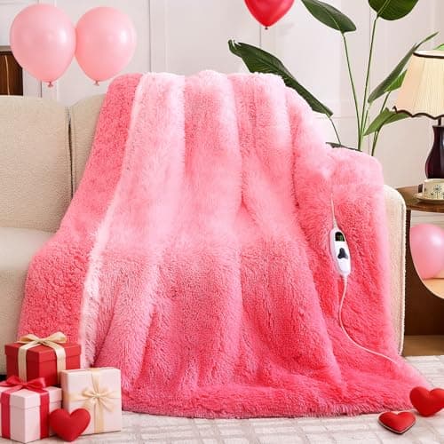 RUJIPO Heated Electric Blanket Heating Throw,Warm Winter Christmas Birthday Gifts for Her Women Grandma Seniors-Faux Fur Blanket with Soft Sherpa,10 Heat Settings,5 Time Settings,50x60, Baby Pink