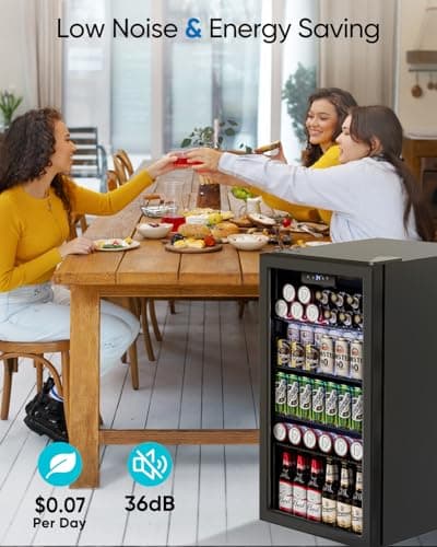 Feelfunn Beverage Refrigerator and Cooler - 126 Can Mini Fridge Glass Door for Soda Beer Wine - Freestanding Beverage Fridge for Bedroom Office Bar, 4 Adjustable Shelves, 3.2 Cu.Ft, Black 6