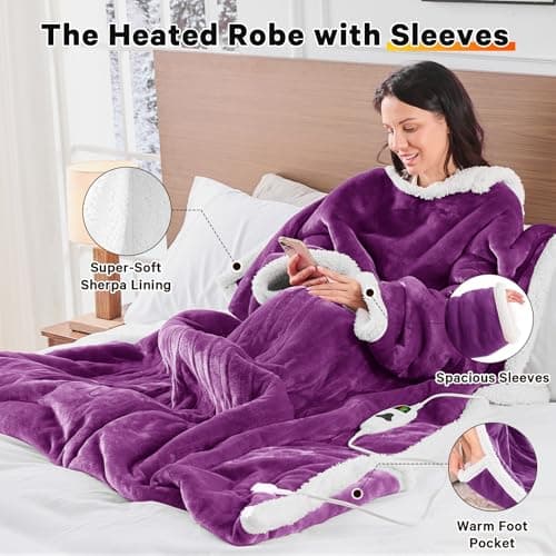 greenoak Wearable Heated Blanket Electric Snuggle - Heated Blanket with Foot Pocket and Sleeves for Adult, Winter for Mom Women 5-Position Timer 10-Heating Levels,50 * 70",Purple 6