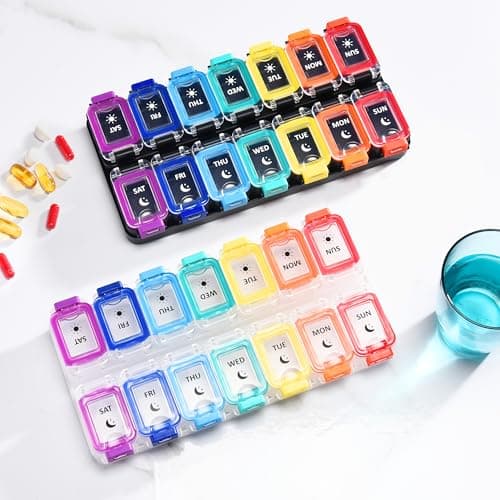 Fullicon Moisture Proof Pill Organizer 2 Times a Day, Large Pill Box 7 Day, Spill Proof Pill Case, Travel Pill Container, Medicine Pill Organizer with Secure Lids, Daily Pill Organizer (Rainbow Clear) 8