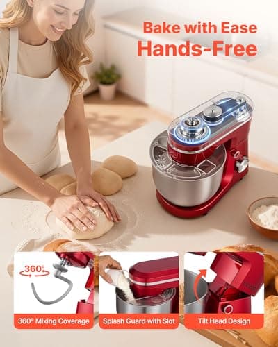 VEVOR Stand Mixer, 6 QT Electric Kitchen Mixer, 300W Dough-Mixer, 10 Speeds Tilt-head Food-Mixer with Stainless Steel Bowl, Dough Hook, Whisk, Beater, for Baking, Mixing, Whipping & Kneading, Red 6