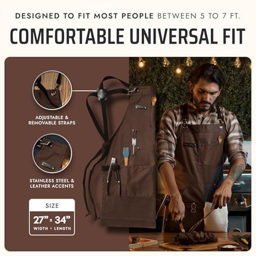 Asaya Chef & BBQ Apron with Pockets - Cross Back Canvas Cooking Apron for Women and Men, Adjustable Work & Grilling Aprons with Pocket, Bottle Opener and Hand Towel, 10oz Cotton Canvas (Brown) 5
