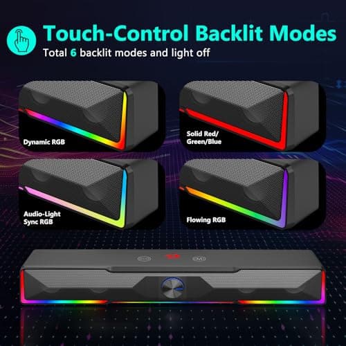 Redragon GS516 Computer Speaker, Bluetooth/USB Wired Dual Connection Soundbar - Clear Stereo Sound with Audio-Light Sync RGB Backlit, Volume Knob, USB Powered for PC/TV/Tablet, Black 6