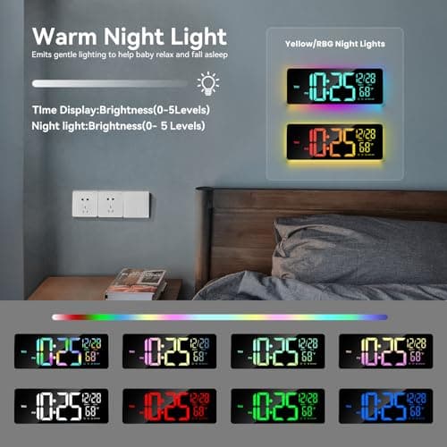 Gerpory 13" Digital Wall Clock,8 RGB Colors, Speaker, Auto Time Sync, Auto DST, Dual Alarm, Auto-Dimming, Large Clock with Night Lights, Humidity, Temperature, Digital Clock with Remote Control 6