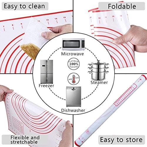 Rolling Pin and Silicone Baking Pastry Mat Set, Stainless Steel Dough Roller, Rolling Pins with Adjustable Thickness Rings, for Baking Fondant, Pizza, Pie, Pastries, Pasta, Cookies 5