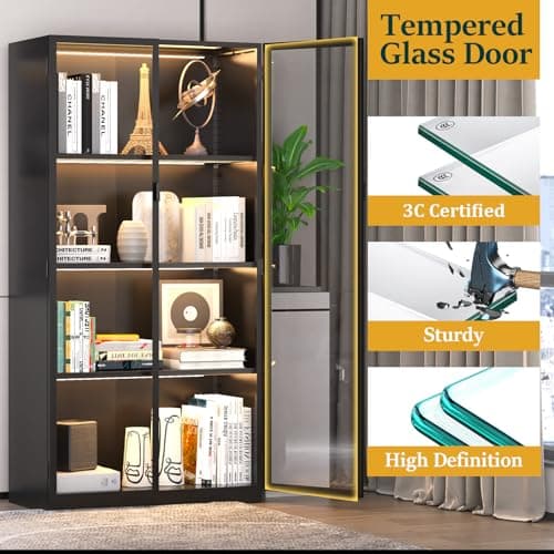 Eltean Display Cabinet with Glass Doors and LED Lights, Glass Display Cabinet with 3 Adjustable Shelves,4 Tier of Storage Space Curio Cabinet for Bedroom Living Room Homeoffice Dining Room 6