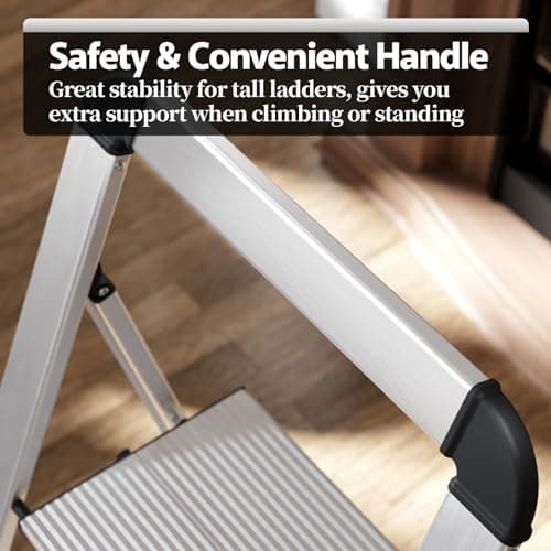 KINGRACK Aluminium 5 Step Ladder, Lightweight Step Stool with Non-Skid Pedals, Handrail, Foldable Step Ladder for Kitchen, Garage, Home, Space Saving, Sturdy and Portable, Silver 6