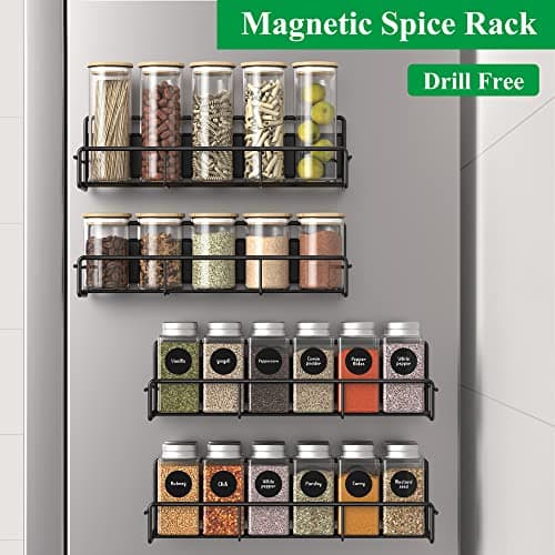 HuggieGems 4 Pack Magnetic Spice Rack Organizer for Refrigerator and Microwave Oven, Metal Fridge Shelf for Kitchen, Black 6