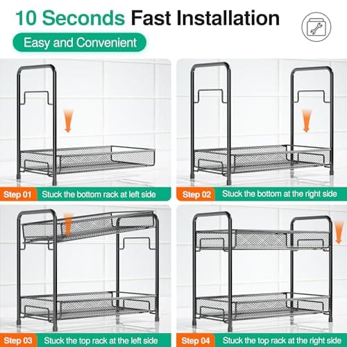 Spice Rack Organizer for Countertop,Xpatee 2-Tier Foldable Metal Rust-Proof Standing Large Seasoning Storage Shelf with Guardrail and Mesh Design for Kitchen Cabinet Bathroom Living Room Pantry, Black 8