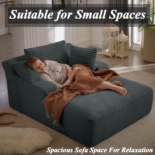 HRVEOCEI 67" Chaise Lounge Indoor, Oversized Chaise Lounge Chair with 3 Comfy Pillows for Living Room Bedroom, Wide Arms Corduroy Fabric High-Density Foam No Assembly Required (Grey) 6