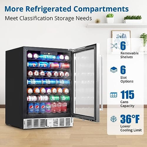 Takywep 24 Inch Beverage Refrigerator, 5.1 Cu.ft Beverage Cooler Under Counter, 166 Cans Drink Fridge for Drinks, Soda, Beer or Wine, 36～60°F Adjustable Temperature. 3