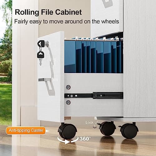 VINGLI 2 Drawer File Cabinet with Lock, Wood Grain White File Cabinets for Letter Size File Folders with Tabs, Mobile Under Desk Filing Cabinets for Home Office, Rolling Filing Cabinet Printer Stand 5