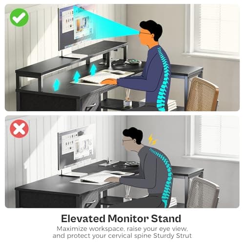 SUPERJARE 47 inch L Shaped Gaming Desk with LED Lights & Power Outlets, Reversible Computer Desk with Shelves & Monitor Stand, Corner Desk with Drawer, for Home & Office, Black 8