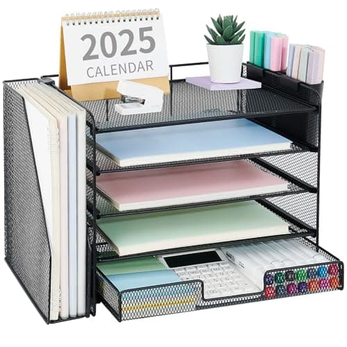 OPNICE Desk Organizer, 5-Tier Paper File Organizer with Drawer & Pen Holder, Office Desk Accessories, Workspace Desktop Organizer for Office Supplies(Black) 8