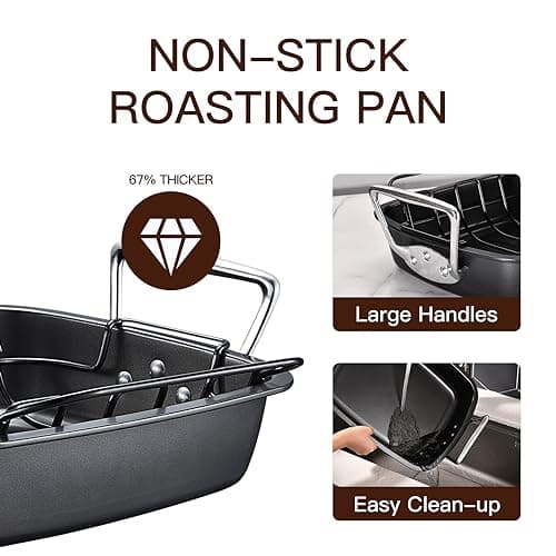 HONGBAKE Nonstick Turkey Roasting Pan with Rack, 19 x 14.5 Inch Large Chicken Roaster Pan for Oven, Suitable for 25lb Turkey, Heavy Duty, Dark Grey 7