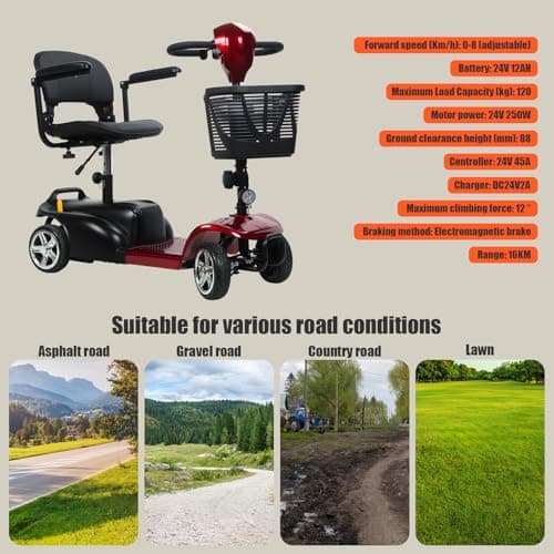 4-Wheel Electric Scooter for Adults | Long Range Mobility Scooter with Basket, Charger & 265 lbs Capacity for Seniors Outdoor Use (Red and Black) 8