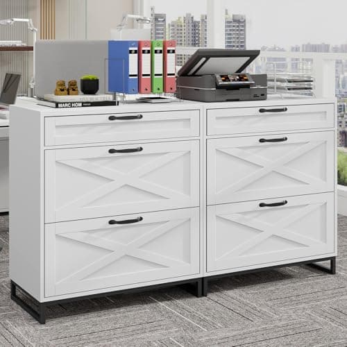 Lateral File Cabinet with 3 Drawers, Modern Farmhouse File Cabinet for Legal/Letter/A4 Size Hanging Files, Printer Stand Large Wood Home Office Furniture, White 6