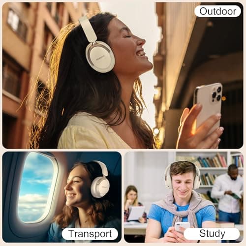 RORSOU B8 Bluetooth Headphones Over Ear, 6 EQ Music Modes and 50H Playtime Deep Bass Wireless Headphones with Mic, Lightweight Folding HiFi Stereo Headset for iPad/Travel/Tablet/PC/Home Beige White 7