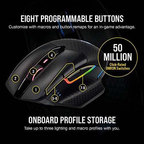 Corsair Dark CORE RGB PRO Wireless/Wired FPS MOBA Gaming Mouse – 18,000 DPI, Fast Response Time, 8 Programmable Side Buttons, Dynamic Multi-Color Backlighting – Black 8