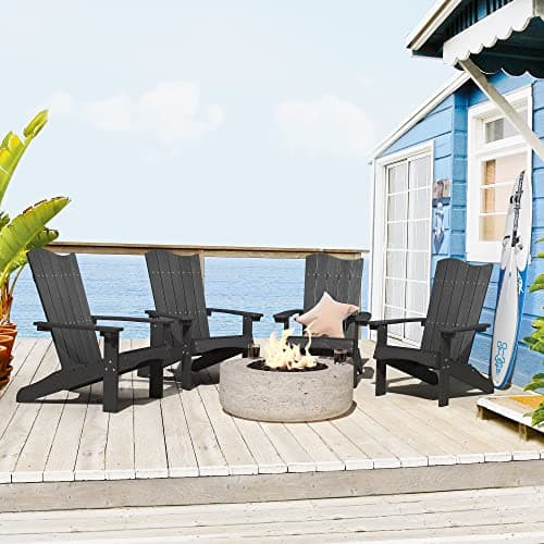 LUE BONA Wave Design Adirondack Chair Set of 4, Poly HDPS Adirondack Chairs, Modern Fire Pit Chairs Weather Resistant for Outdoor,Deck,Balcony,Garden, Backyard, Black
