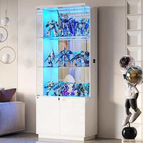 Lvifur 71” Glass Display Cabinet with Lights, Modern Curio Cabinet Display Cases for Collectibles, Locking Cabinet with Shelves & Drawers, Tall Bookcase with Human Body Sensor for Living Room (White)
