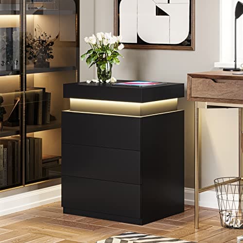ADORNEVE Nightstand with Charging Station and LED Lights,Night Stand with Sliding Top,Bedside Table with Drawers,Modern End Side Table for Bedroom,Black 6