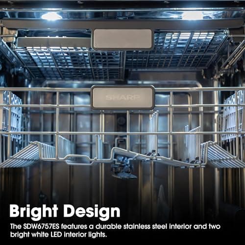 SHARP SDW6757ES Slide-In Dishwasher, Stainless Steel Finish, 24" Wide, Soil Sensors, Premium White LED Interior Lighting, Smooth Glide Rails, Heated Dry Option, Responsive Wash Cycles, Power Wash Zone 8
