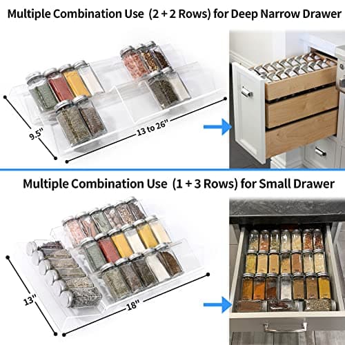 MIUKAA Clear Acrylic Spice Drawer Organizer, 4 Tier- 2 Set Expandable From 13" to 26" Drawer Seasoning Organizer, Kitchen Spice Rack Tray for Drawer/Countertop (Jars not included) 5