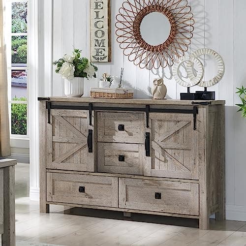 T4TREAM 48'' Farmhouse Dresser for Bedroom w/4 Drawers & Sliding Barn Doors, Tall Chest of Drawers, Rustic Dresser TV Stand w/Shelf, Organizer for Bedroom, Living Room, Foyer,Light Rustic Oak
