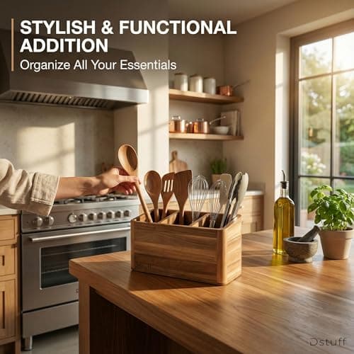 Dstuff Large Kitchen Utensil Holder Organizer for Counter or Countertop, Large Wooden Utensil Holder for Storage Cooking and Silverware with 3 Compartment, Acacia Rustic Wood Container Extra Large 7