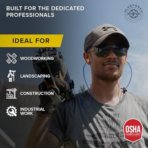 Plugfones Basic Pro Bluetooth Foam Earplug Headphones - 27 dB NRR Hearing Protection - OSHA Approved Noise-Isolating Wireless Earbuds with Mic & Controls - for Work & Everyday Use - (Blue & Orange) 5